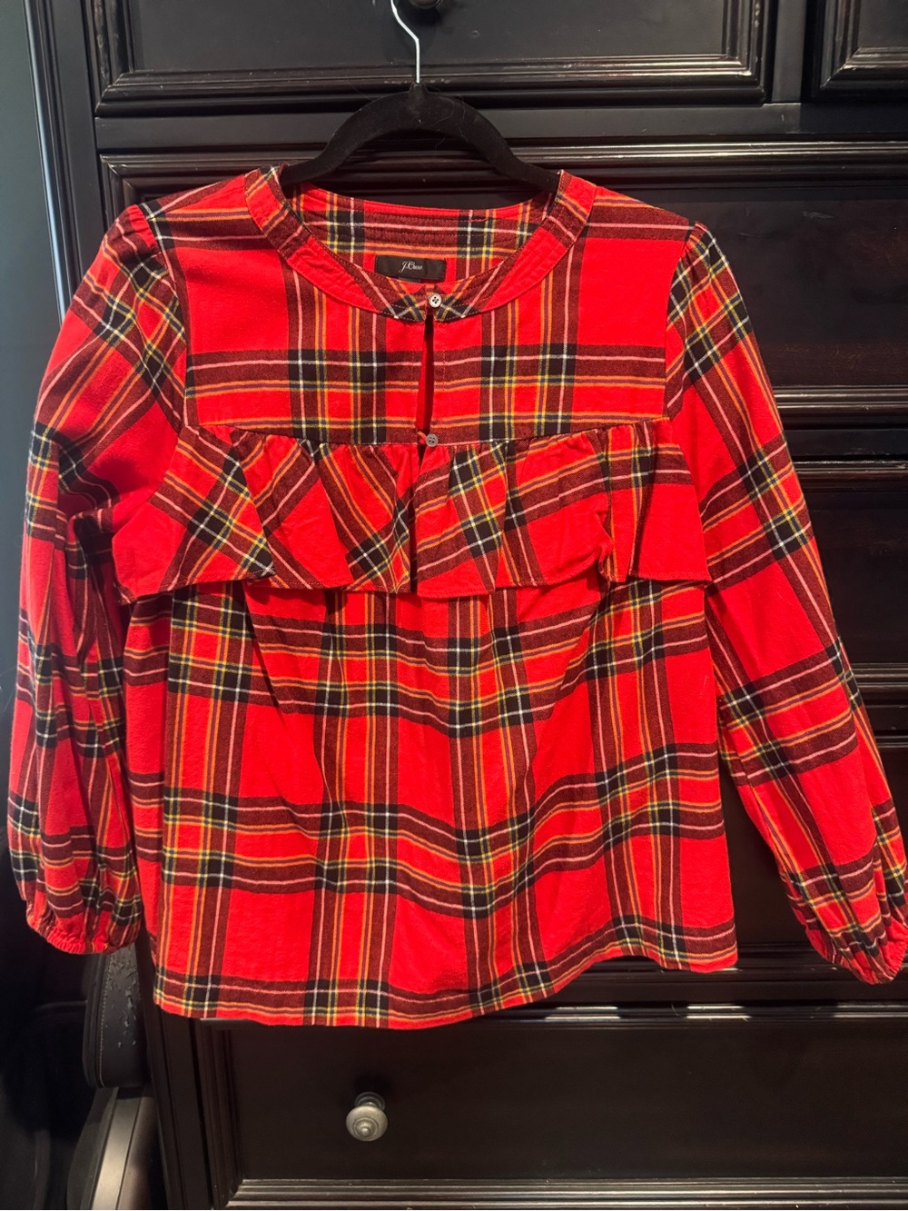 J. Crew Red Plaid Ruffle-Front Long Sleeve Blouse